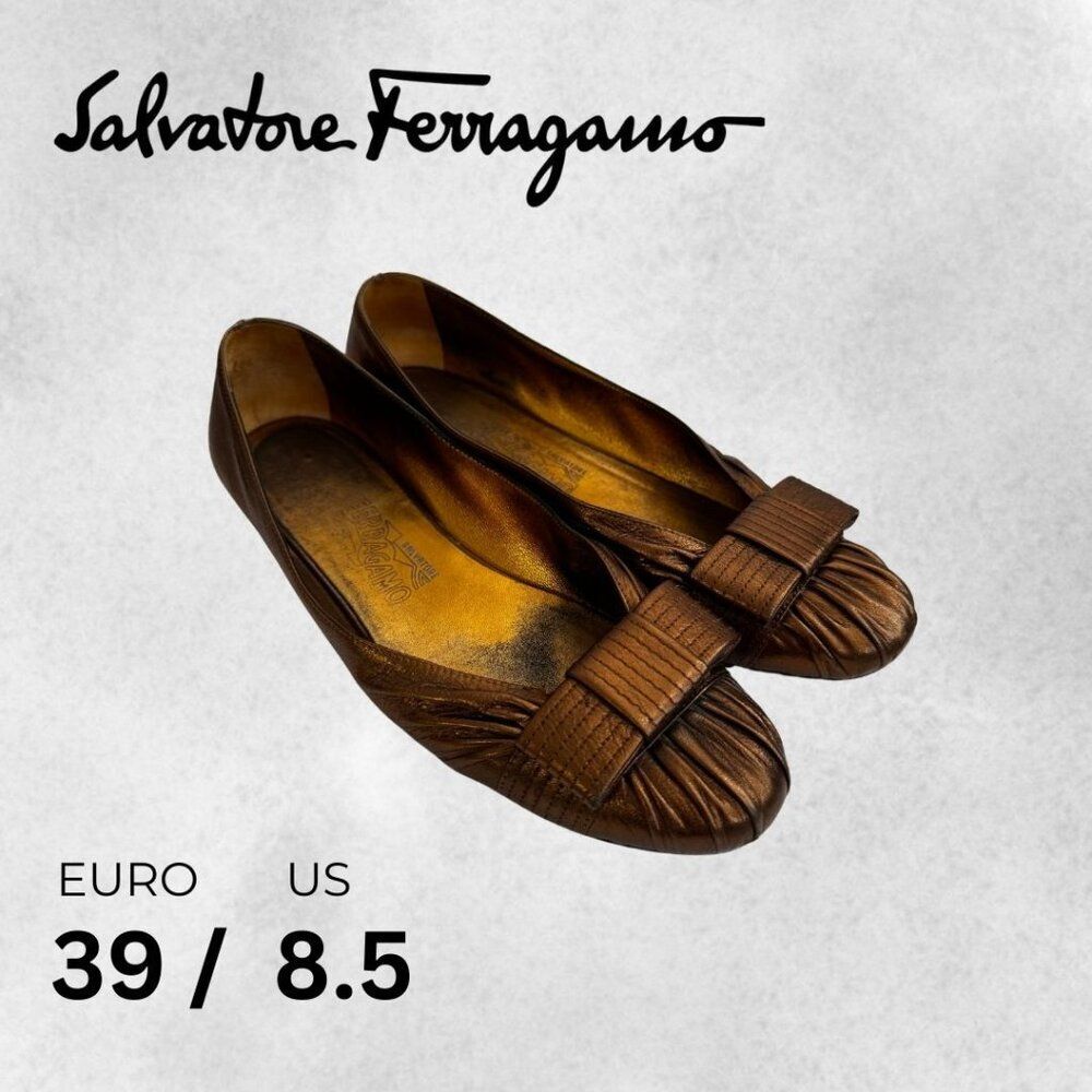 Salvatore Ferragamo Pleated Bronze Flats with Bow Size 8.5